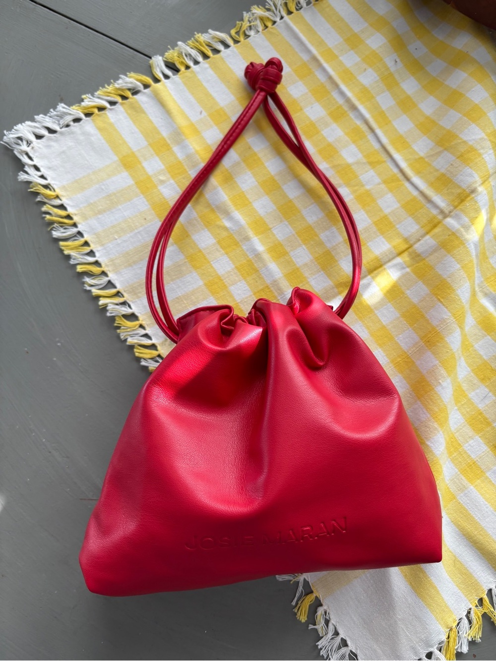 JOSIE MARAN Red Drawstring Leather Mini Pouch Bag
